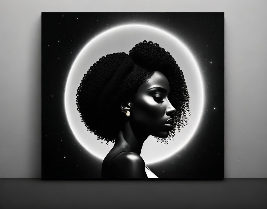 Monochrome art: Woman with afro hair profile under full moon