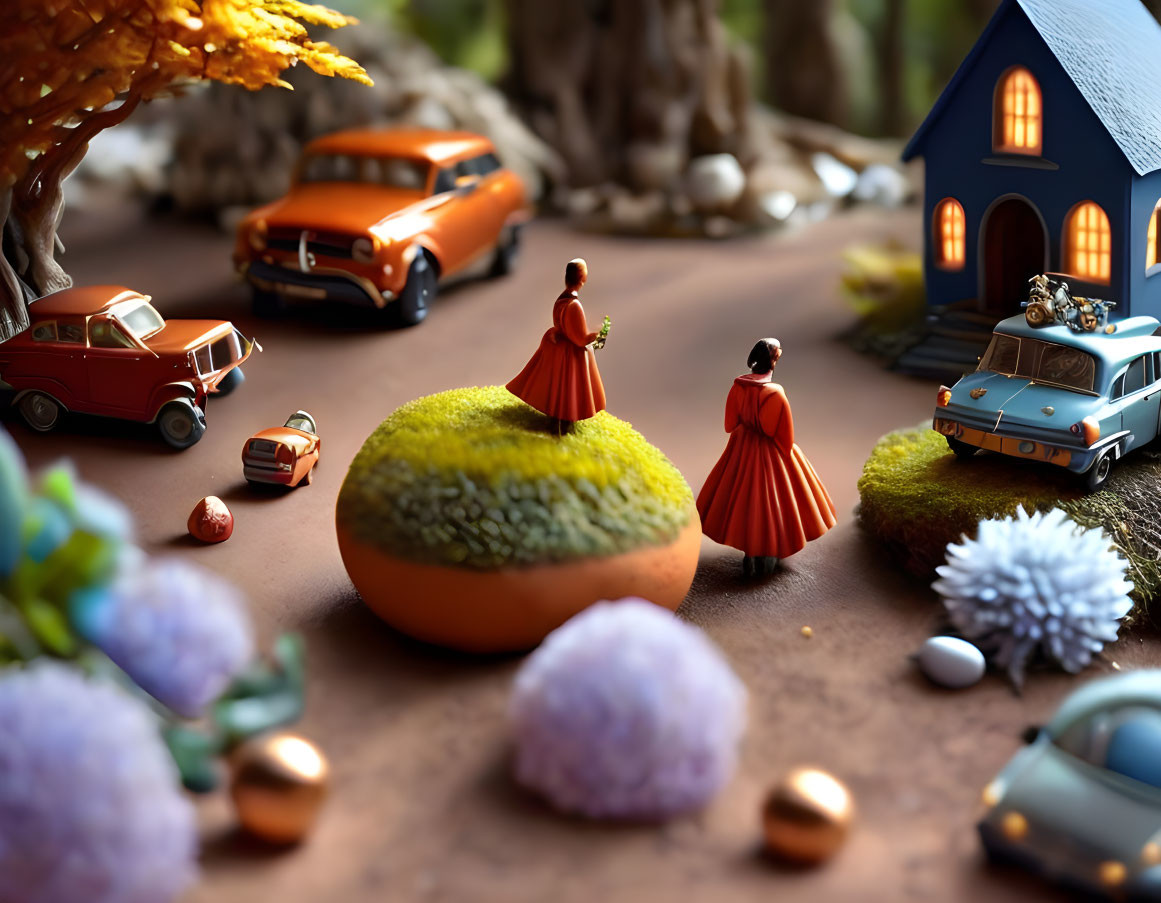 Miniature scene: Two figures in red dresses by blue house, classic cars, vibrant flora.