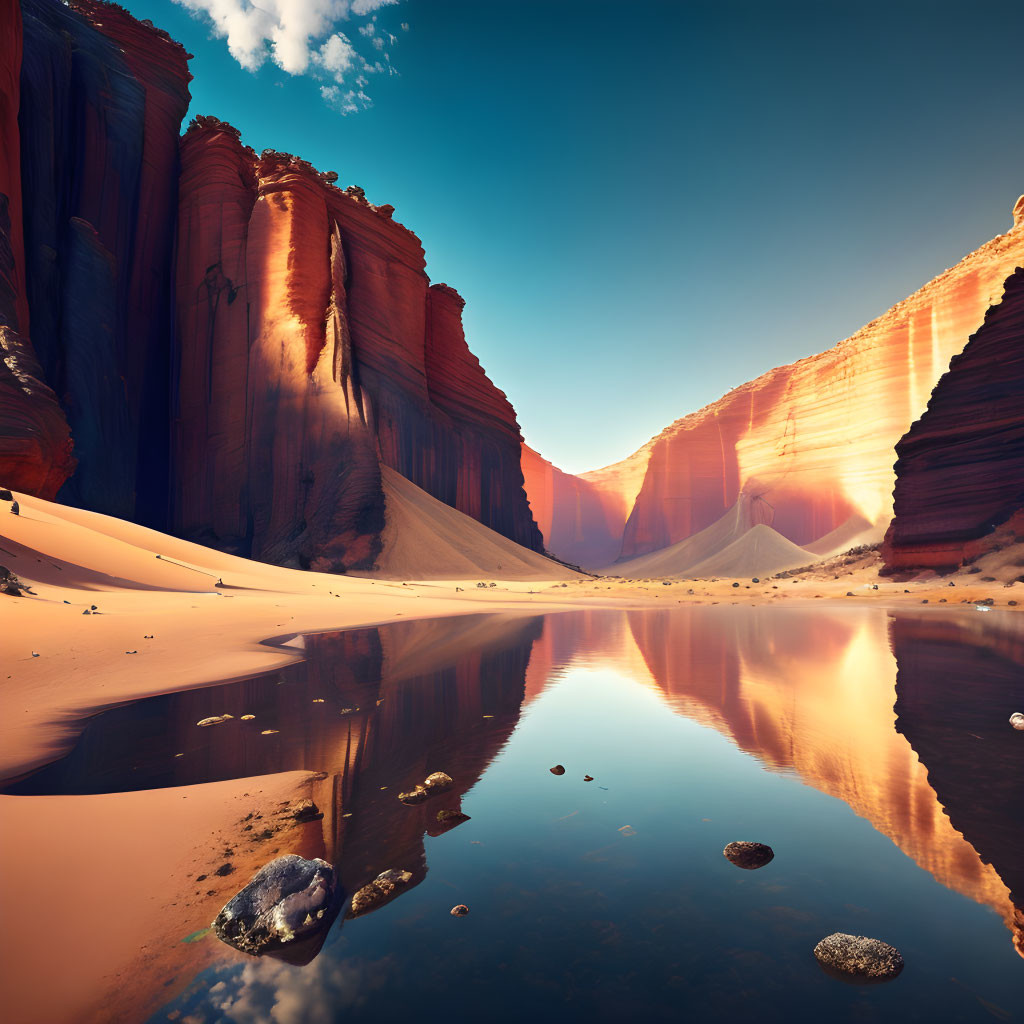 Towering red sandstone canyon reflected in serene water pool