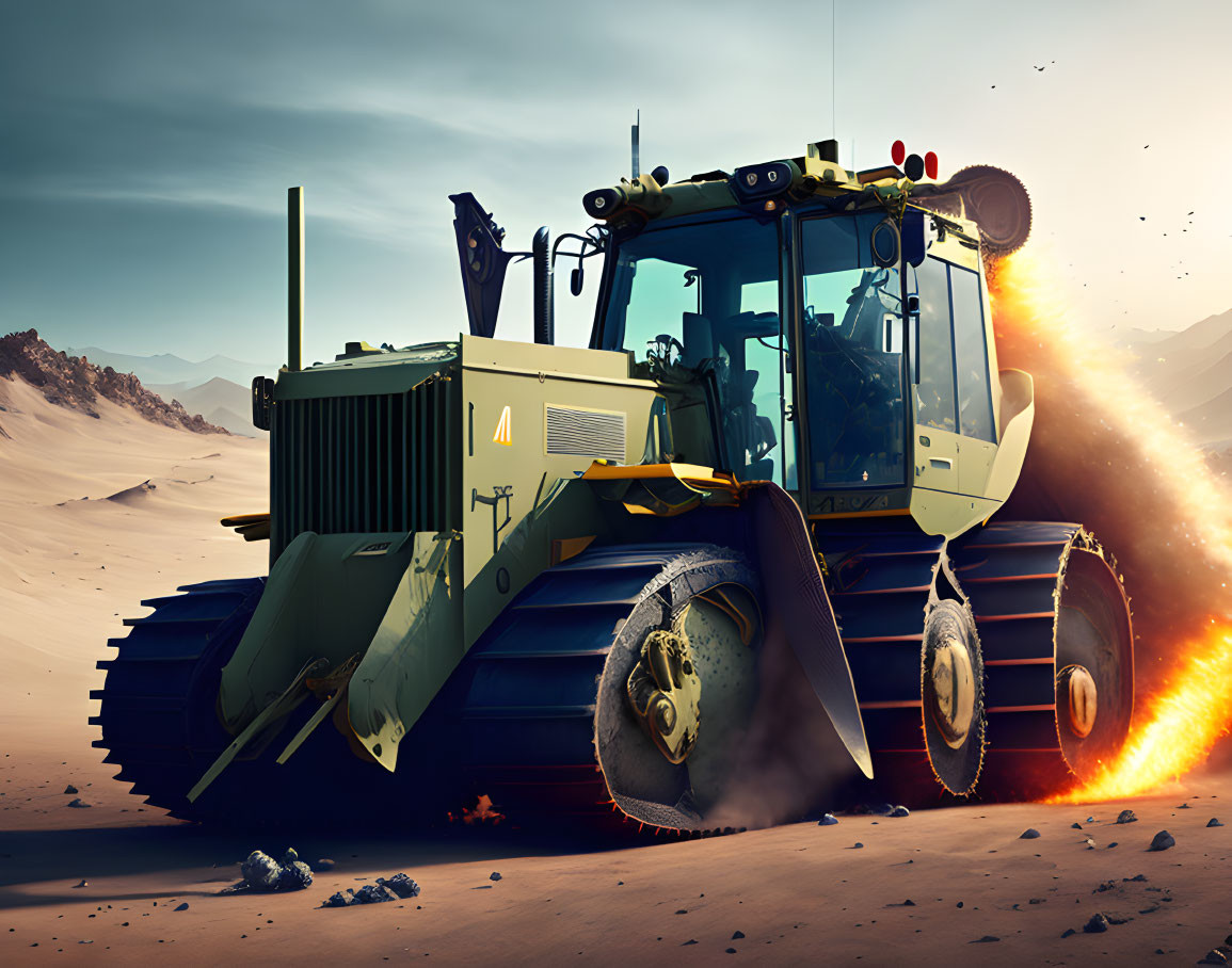 Powerful Bulldozer Digging Sand in Desert Environment