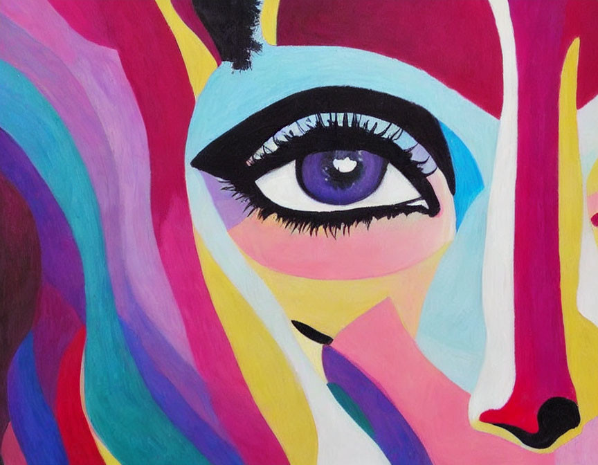 Vibrant abstract painting with stylized female eye and swirling forms in purple, pink, blue,