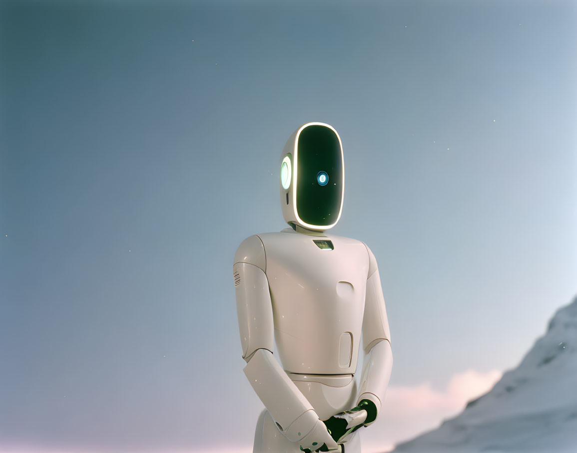 Sleek white humanoid robot with black visor in snowy landscape