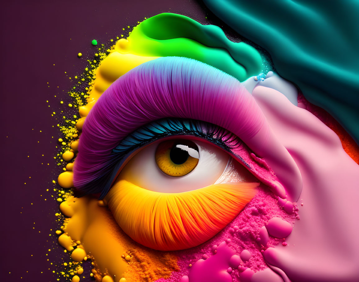 Colorful eye art with rainbow paints on purple background