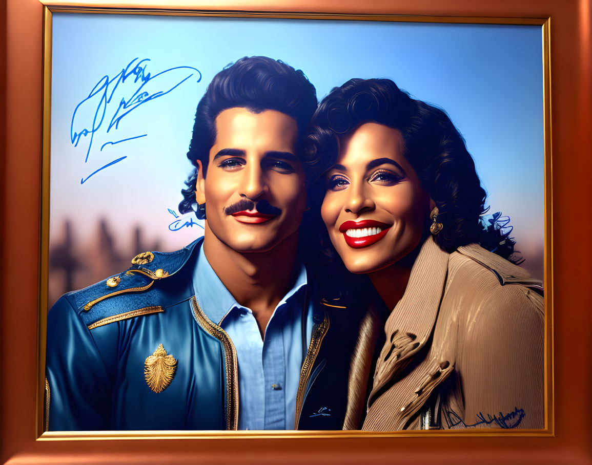 Autographed framed illustration of smiling man and woman in cityscape.