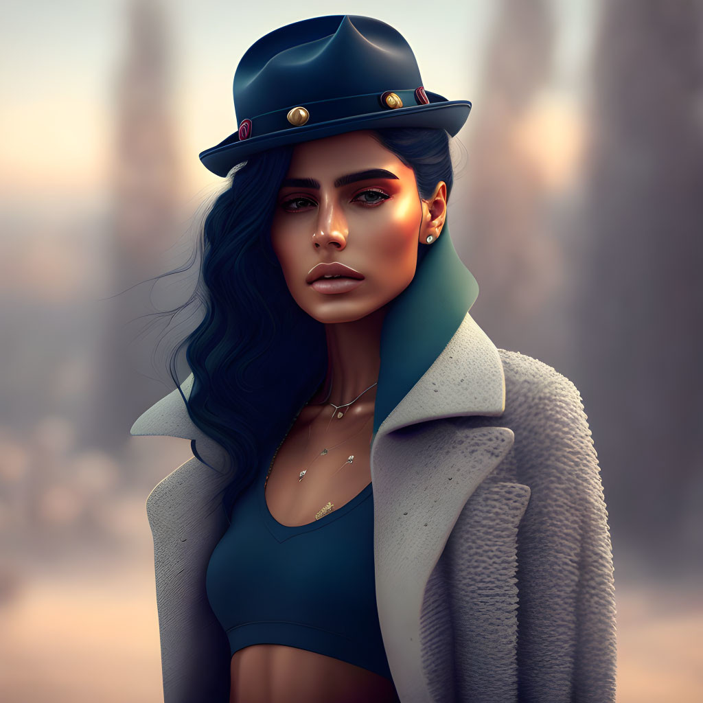 Stylized image of woman with blue hair and eyes in hat and coat