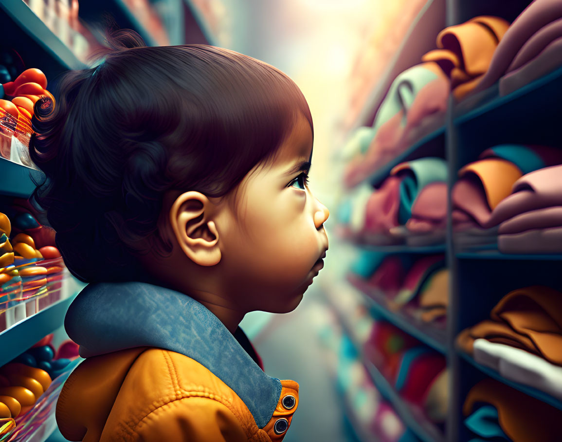 Toddler with ponytail in orange jacket admiring colorful products on shelves