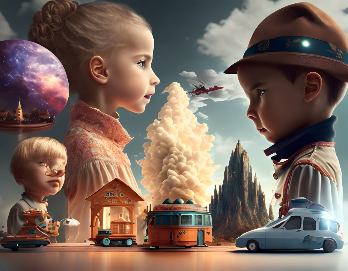 Children and toys in whimsical scene with scout hat, rocket, and dreamy backdrop