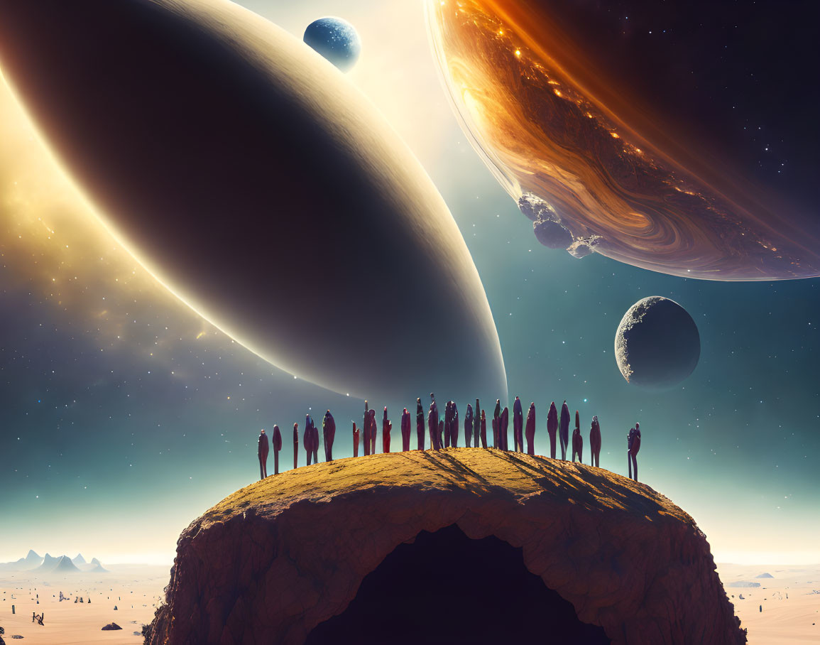 Silhouetted figures on rocky alien arch with large planets and starry sky