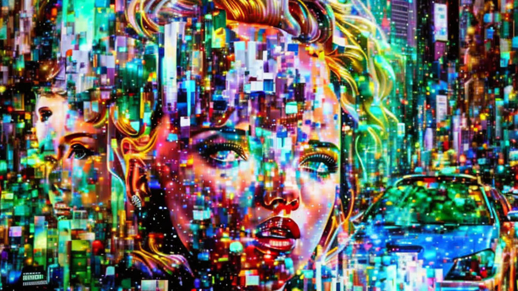 Colorful glitch art of a woman's face in pixelated cityscape