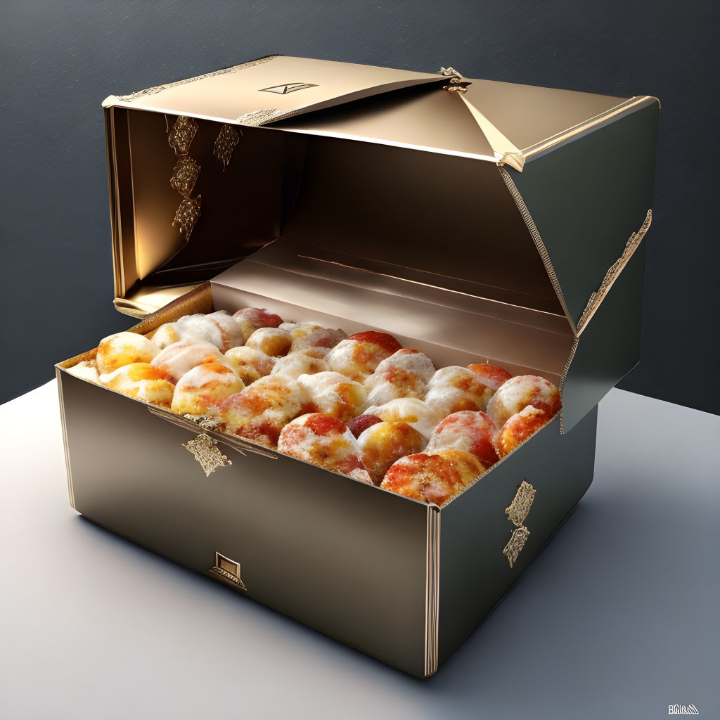 Golden treasure chest filled with glazed doughnuts on dark background