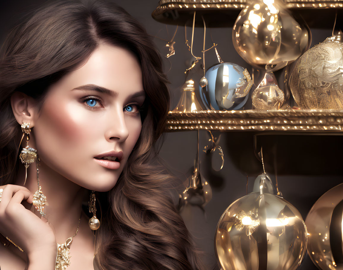 Woman with Blue Eyes and Wavy Hair Beside Shimmering Christmas Ornaments