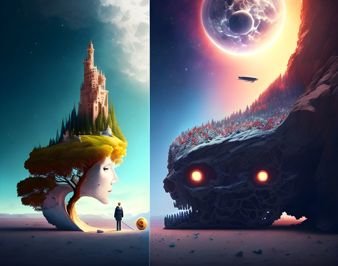 Surreal artwork: Woman's head with landscape hair, castle tower; skull with glowing eyes,