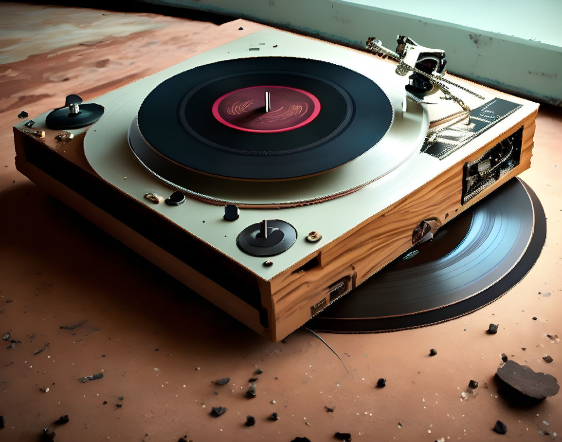 Vintage Wooden Case Turntable with Spinning Vinyl Record on Dusty Surface