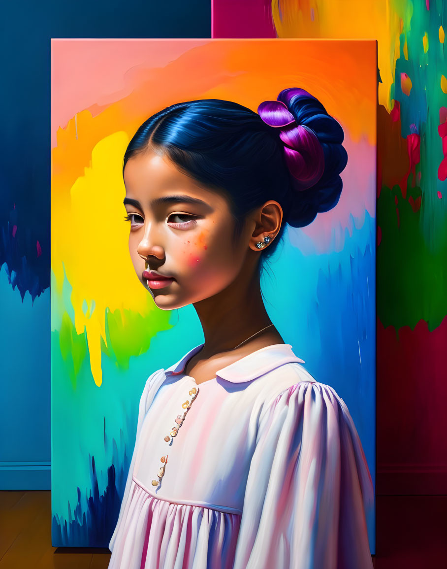 Young girl with thoughtful expression and bun hairstyle in front of vibrant dripping paint canvas