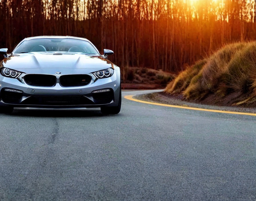 White BMW car parked on asphalt road near forest at sunset with warm light.