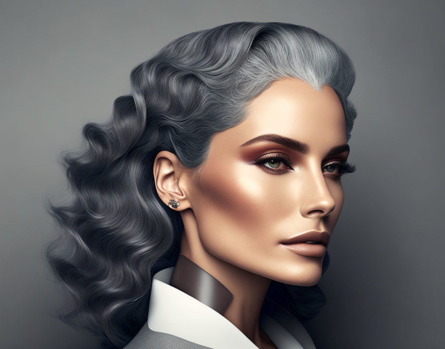 Stylish digital portrait of woman with wavy grey hair