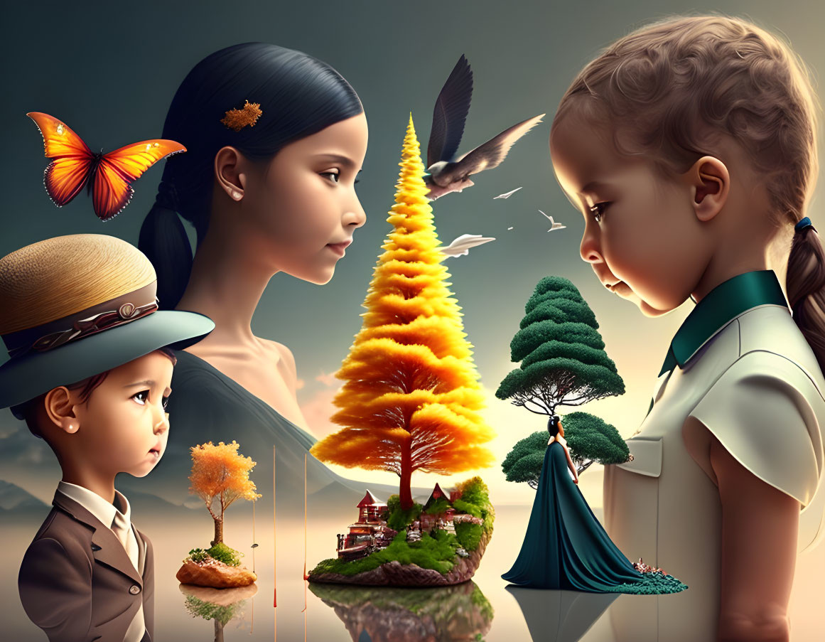 Surreal image of woman and child with floating islands and tiny houses