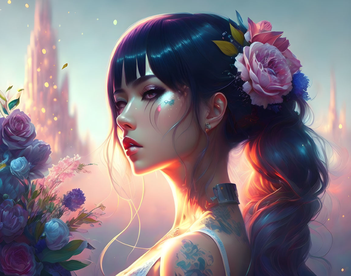 Fantasy portrait of a woman with blue hair, floral adornments, glowing tattoos, and mystical castle