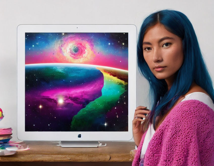 Blue-haired woman beside computer with cosmic image and white wall