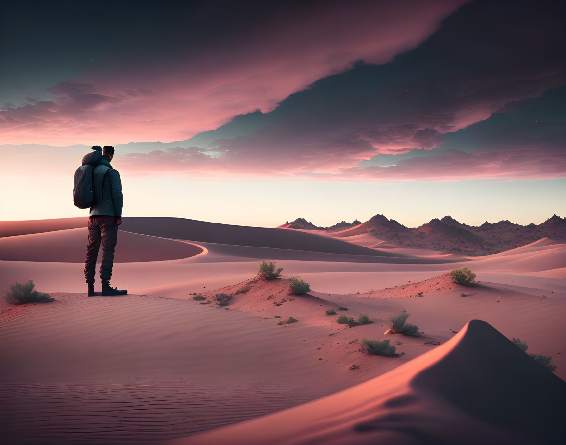 Solitary figure on sand dune gazes at twilight sky