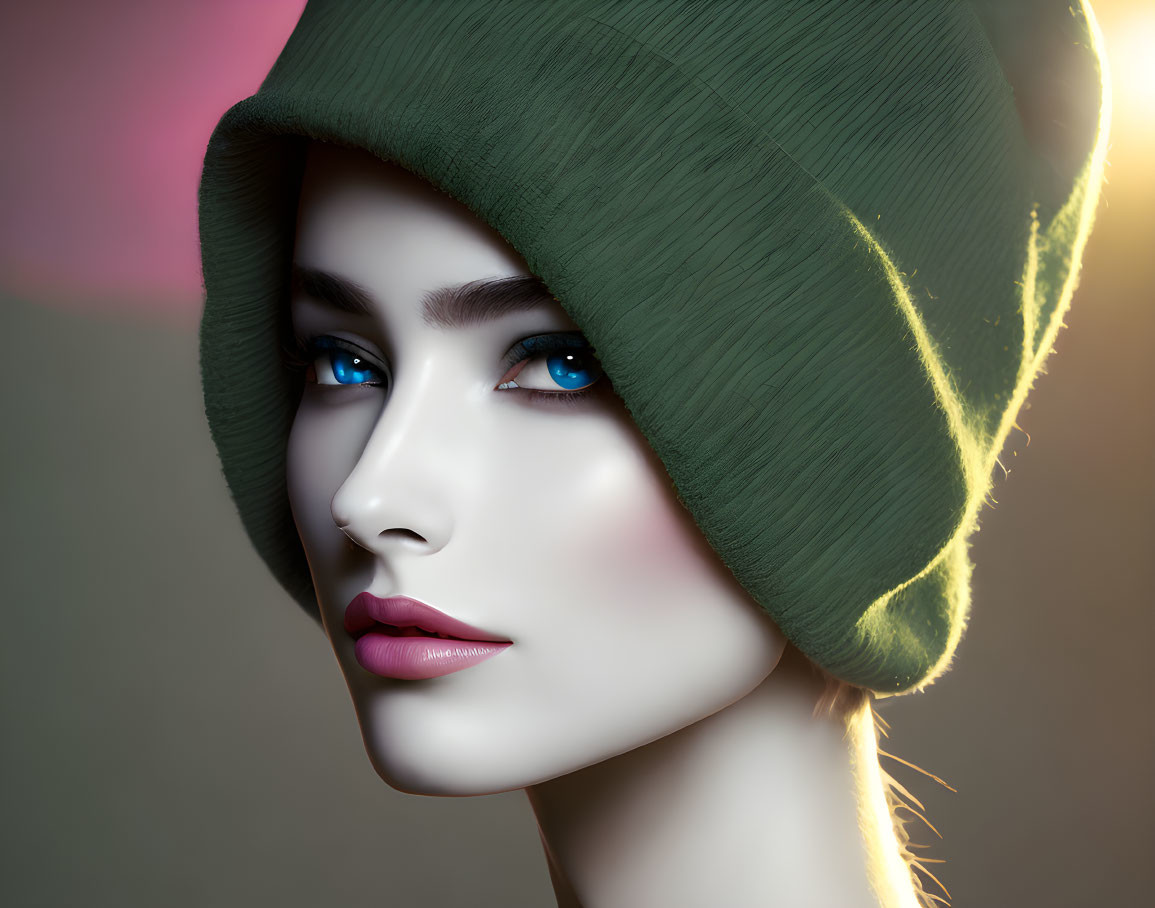 Female model with blue eyes in green beanie on gradient background