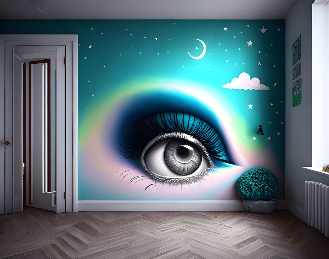 Vibrant wall mural featuring giant eye with night sky, stars, crescent moon, and cloud