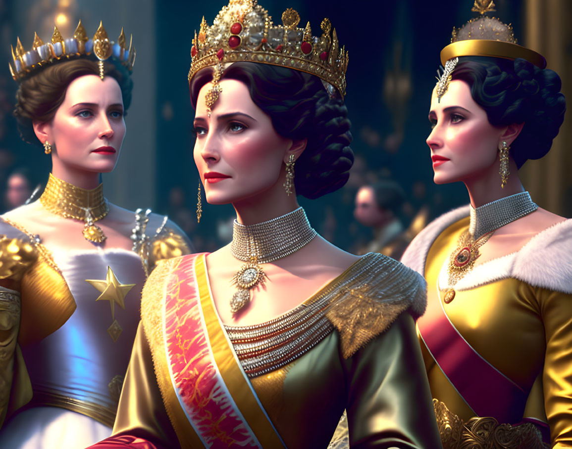 Three regally dressed animated queens in a grand hall