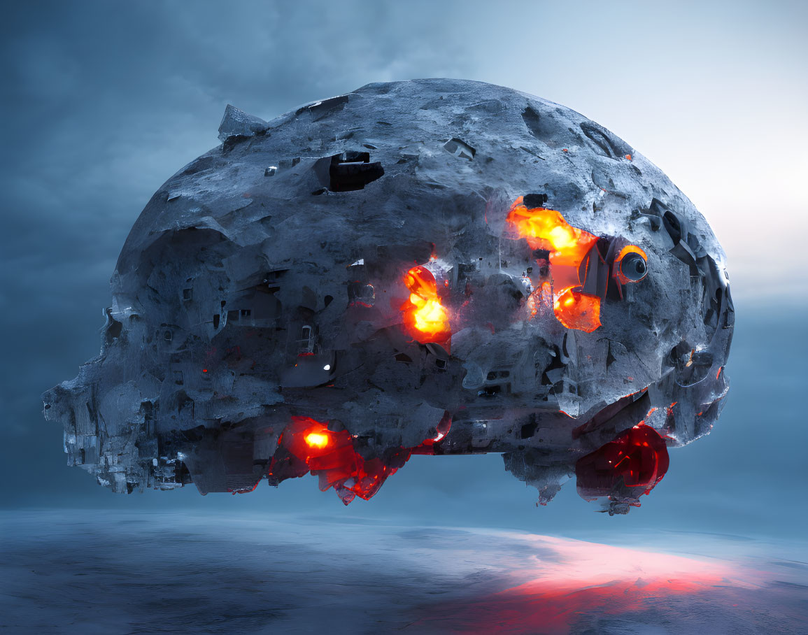 Surreal image: Glowing skull over misty icy landscape