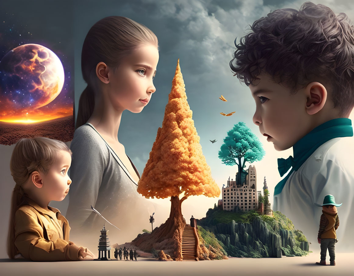 Surreal composition featuring boy, girl, child, tree, whimsical elements on cliff