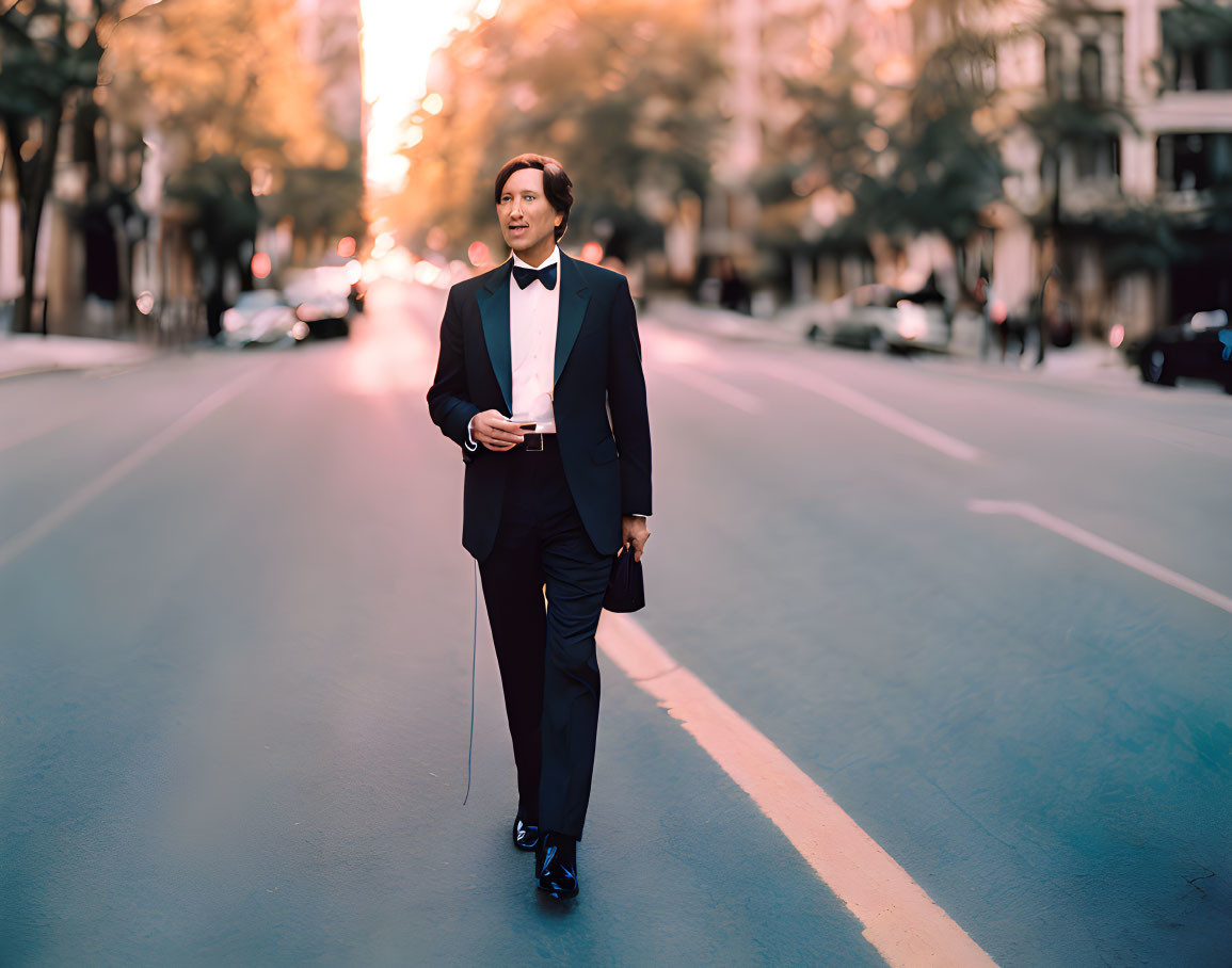 Confident person in black suit with bow tie holding white mask on empty street at sunset