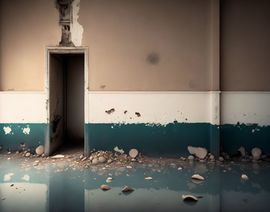 Abandoned room with peeling walls and scattered debris near open doorway