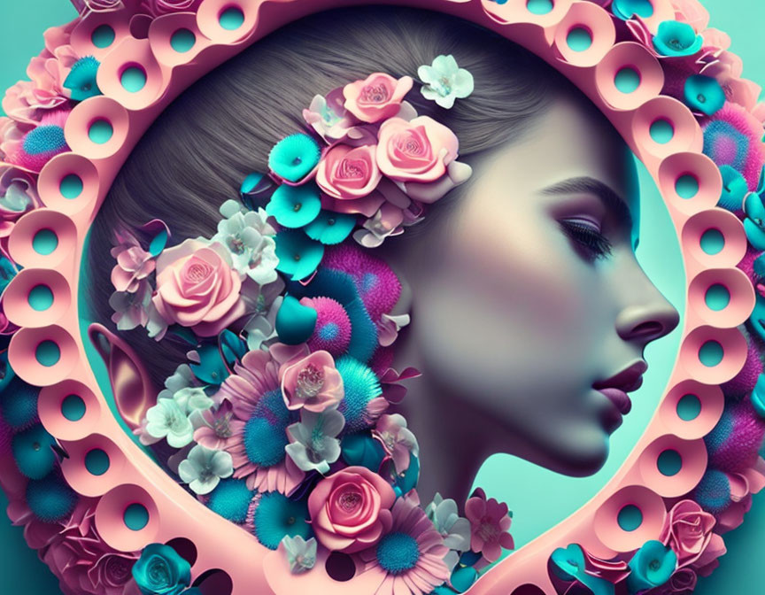 Woman portrait with flowers, butterflies, heart frame, teal background