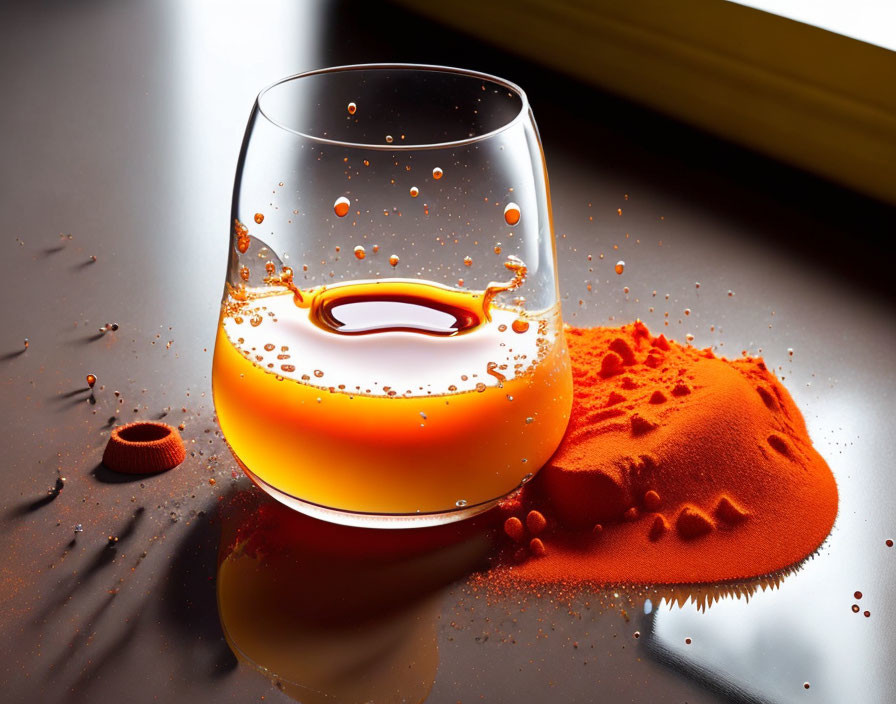 Orange liquid in glass tumbler with splashing droplets and spilled powder