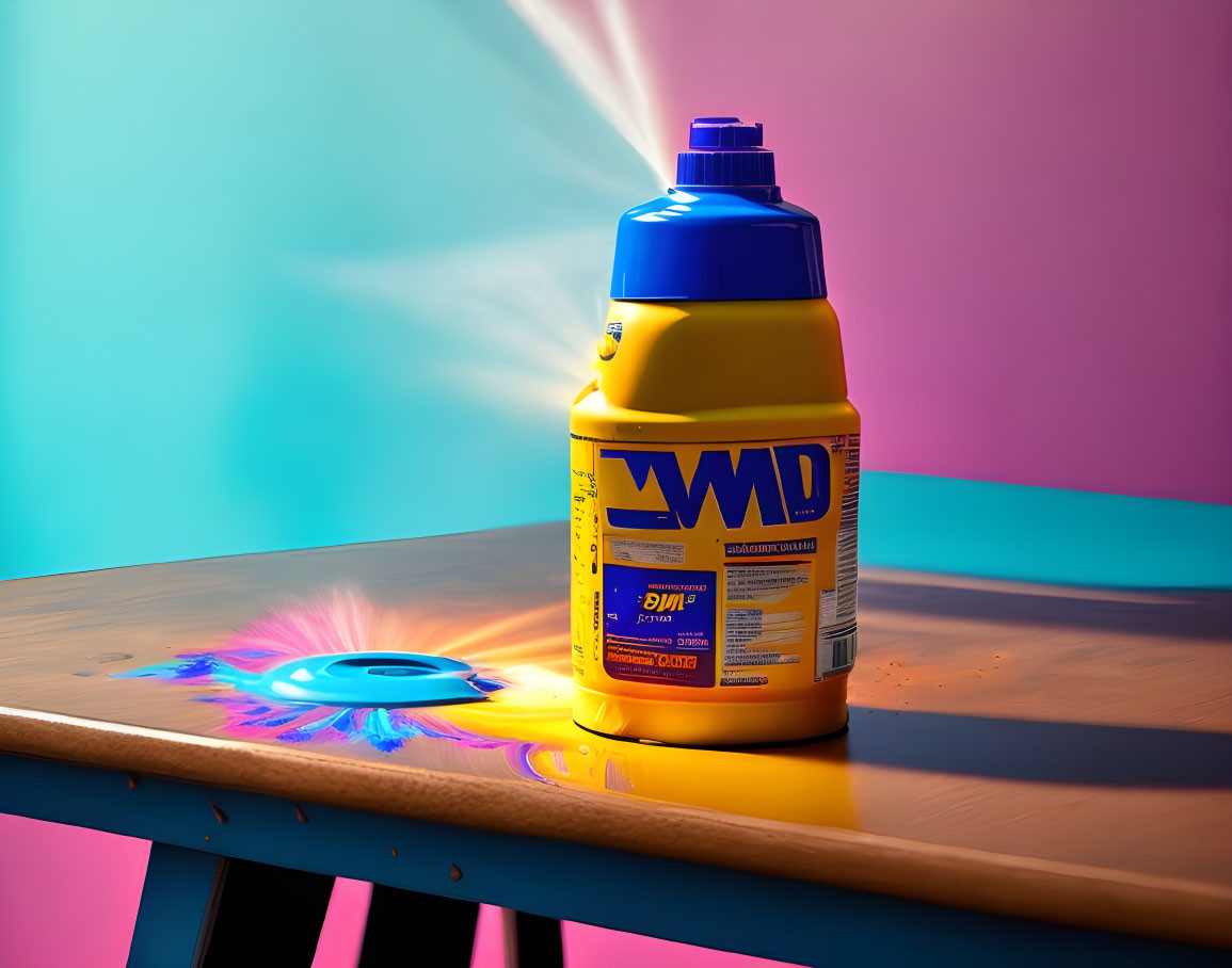 Colorful liquid spill from WMD laundry detergent on wooden table with blue and pink backdrop