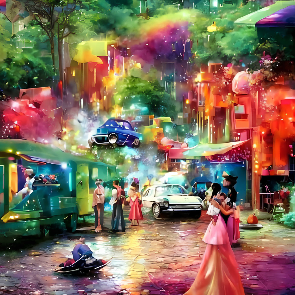 Colorful Street Scene with Vintage Car, Tram, and Painter