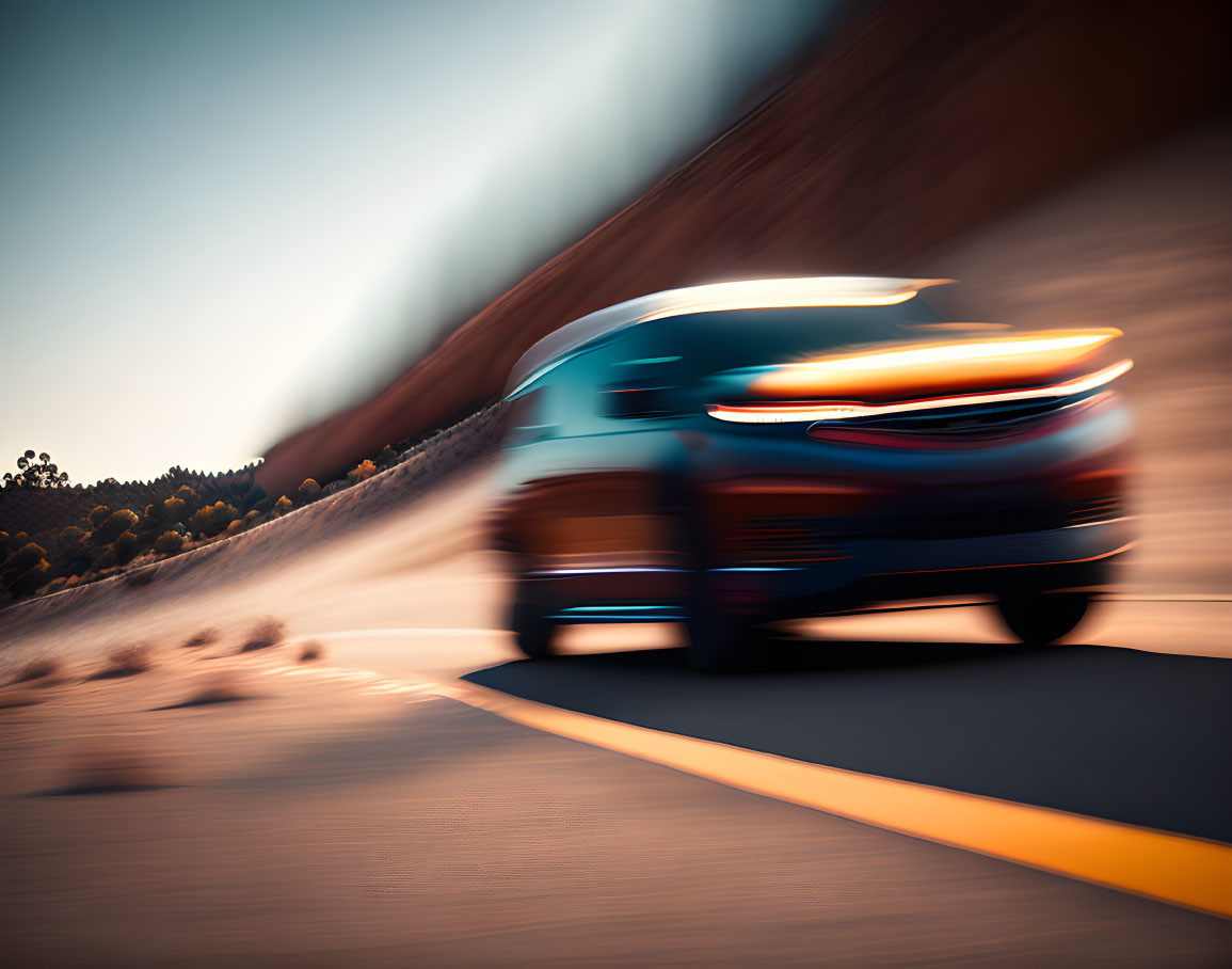 Curvy Road Sunset Scene with Blurred Car Movement