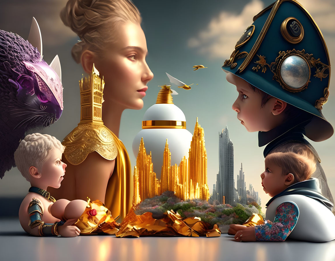 Surreal artwork featuring stylized figures, golden leaves, purple cat creature, and futuristic cityscape