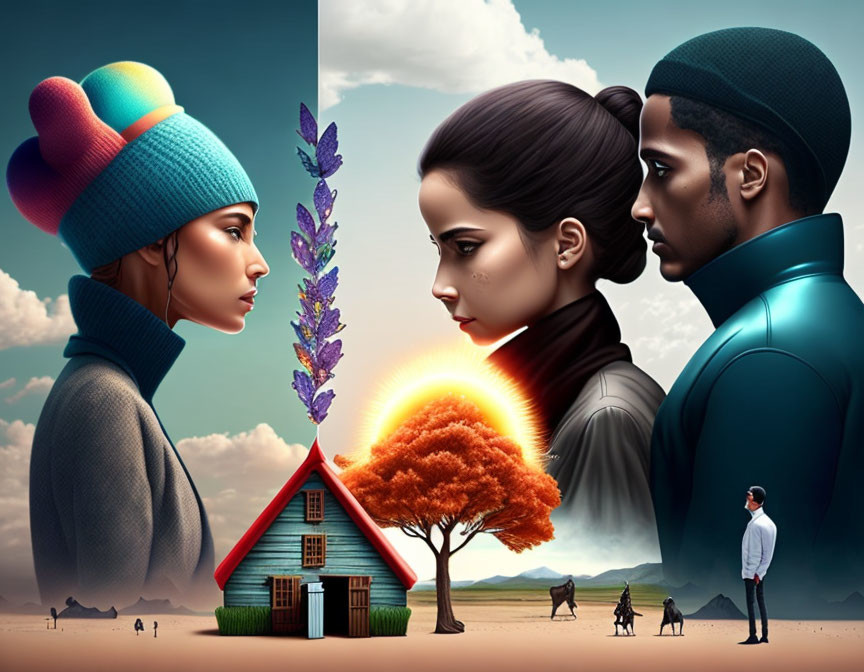 Surreal Artwork: Two Pairs of Faces in Profile with Butterflies, House, and