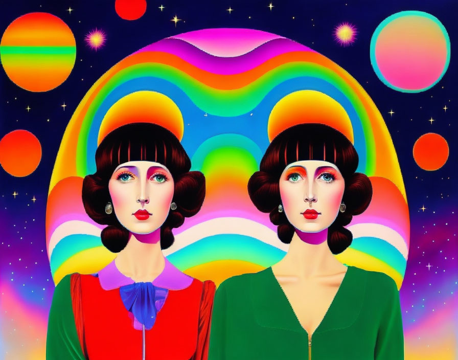 Identical female figures with black hair in cosmic background with planets, stars, and rainbows.