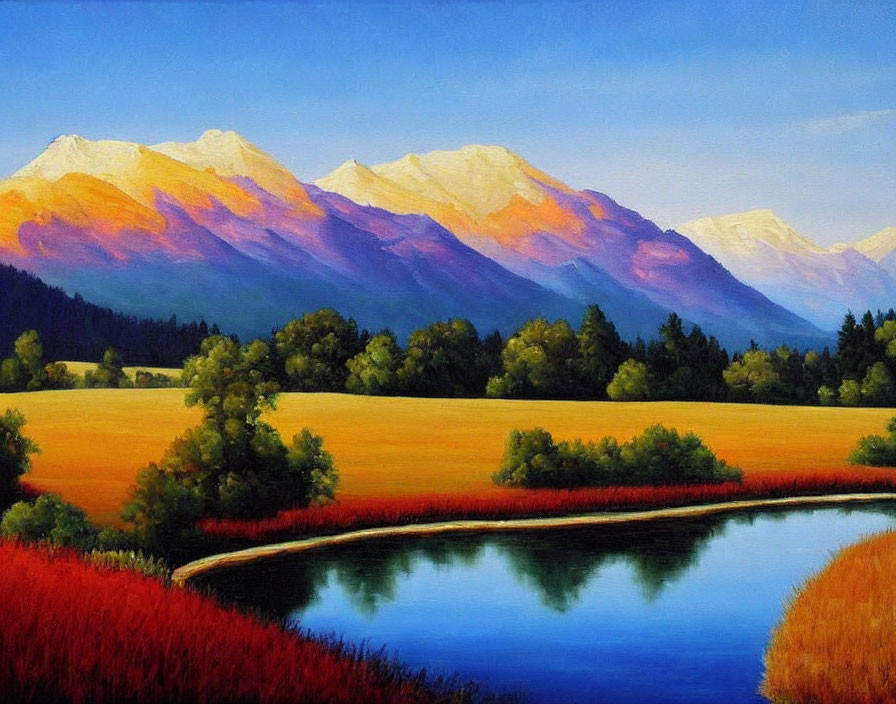 Mountain landscape painting with snow-capped peaks, golden field, trees, and serene river