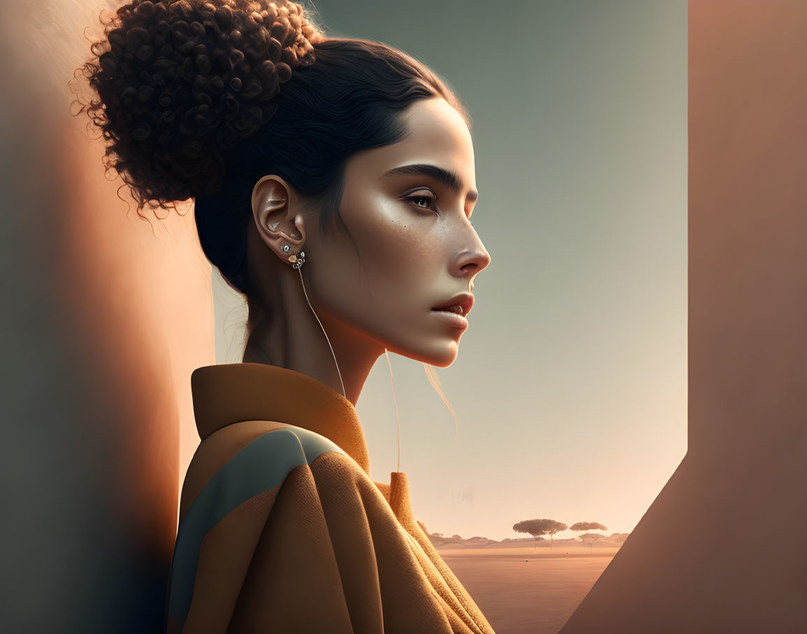 Woman with Bun Hairstyle in Tan Coat and Earrings, Gazing into Distance