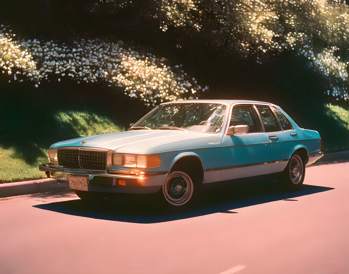 Vintage Turquoise and White Sedan Parked Among Blooming White Flowers