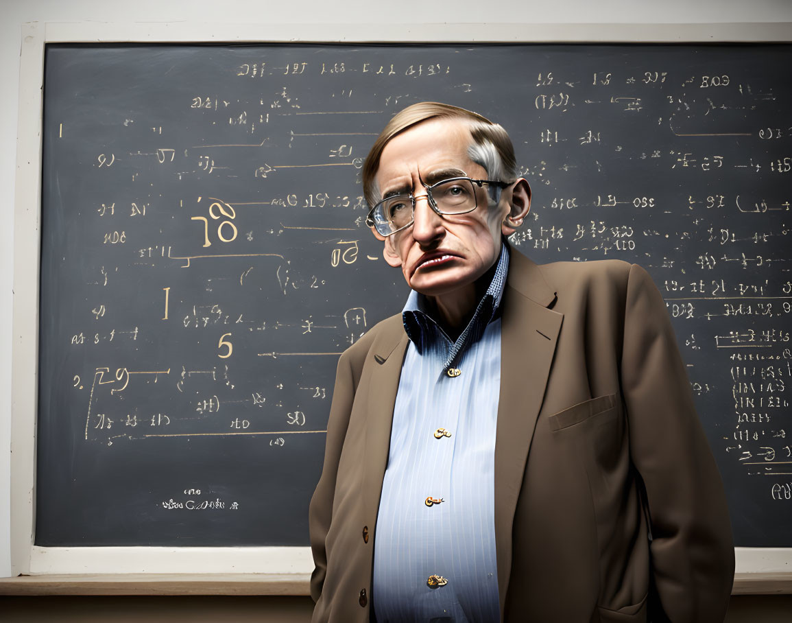 Exaggerated scientist caricature with mathematical chalkboard