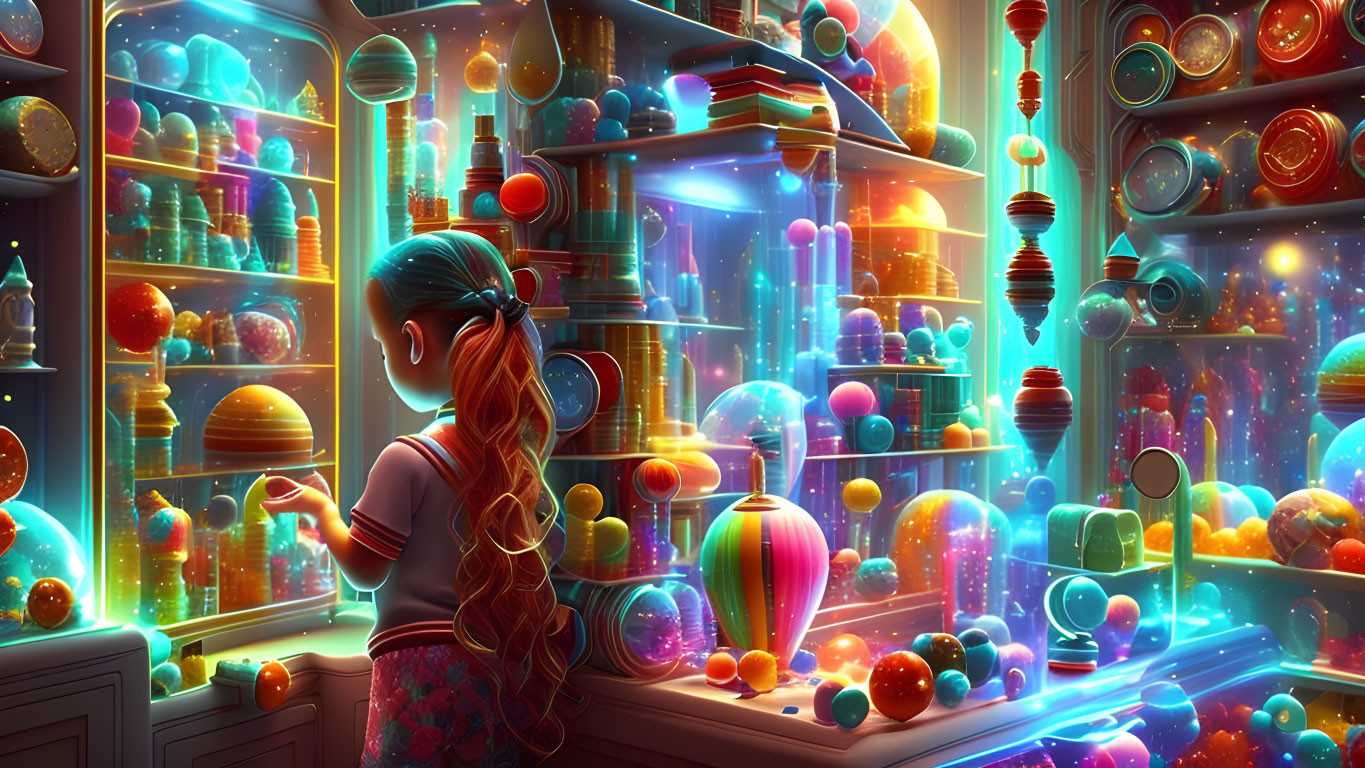 Girl with ponytail admires vibrant glowing orbs and artifacts in neon-lit room