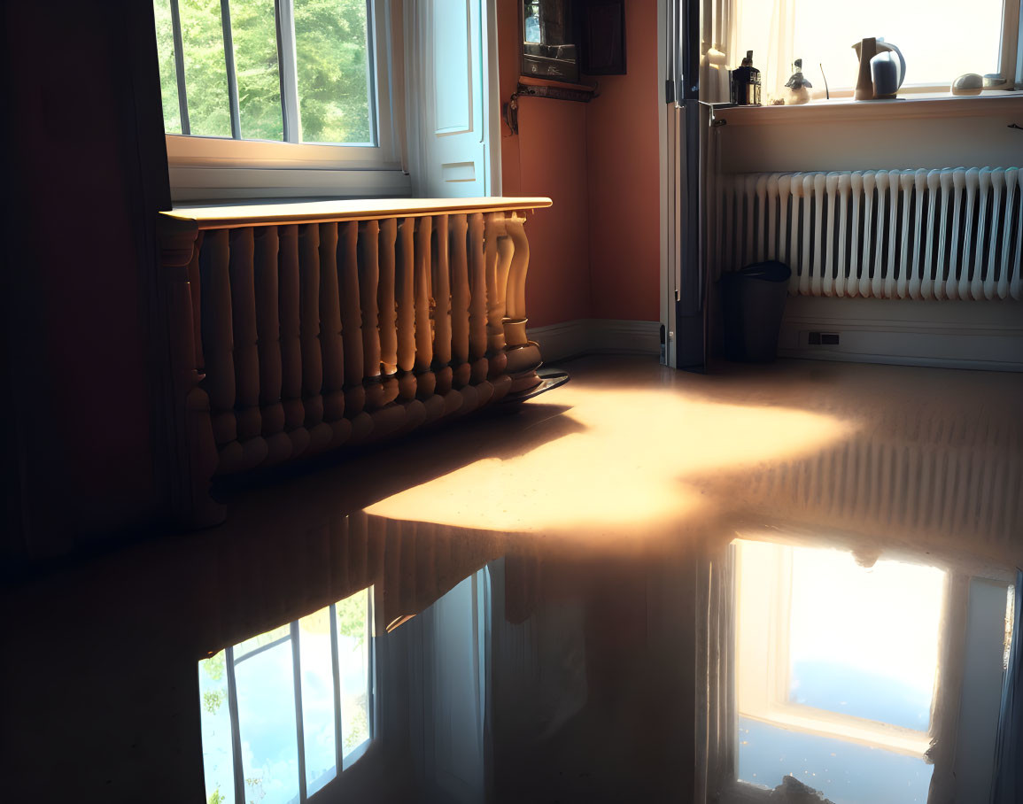 Sunlight casting warm glow on shiny wooden floor near traditional radiator