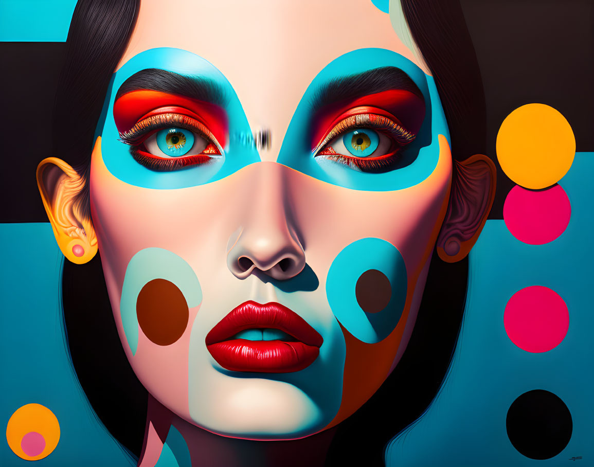 Colorful digital art portrait of a woman with exaggerated makeup and bold circles on face.