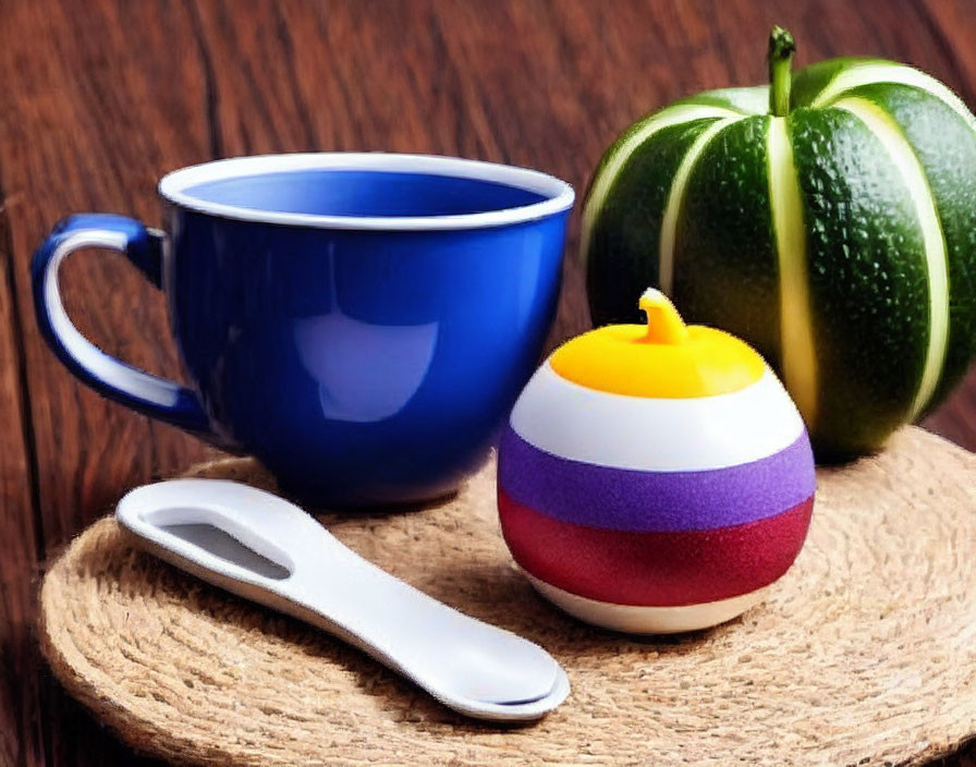 Blue mug, striped candle, green apple, white spoon on woven coaster