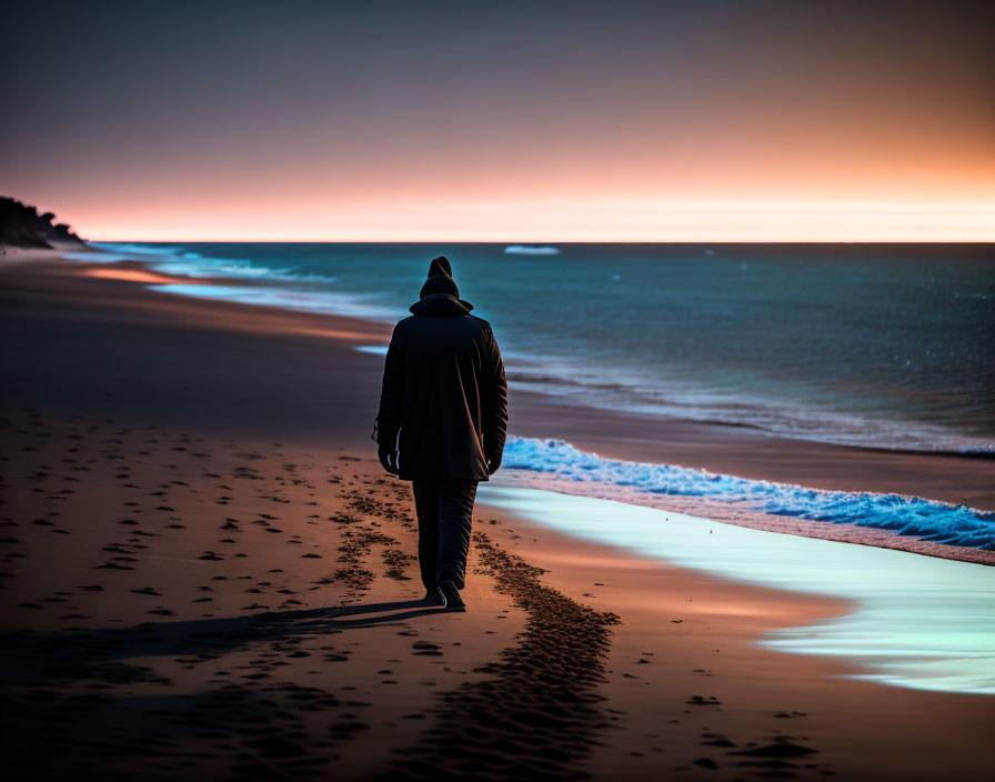 Person walking on beach at twilight with colorful sky and gentle waves.