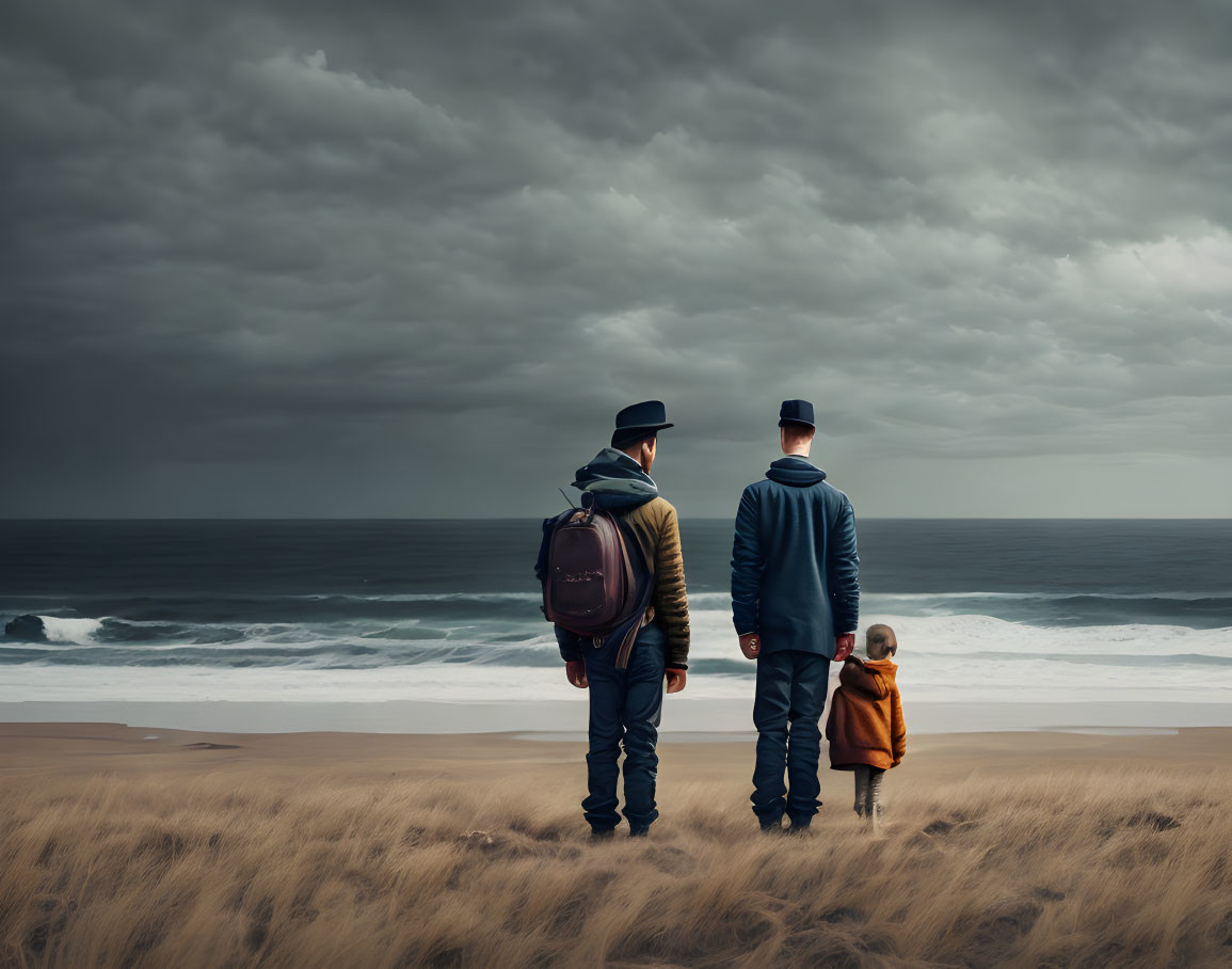 Family in warm clothing on beach during stormy weather