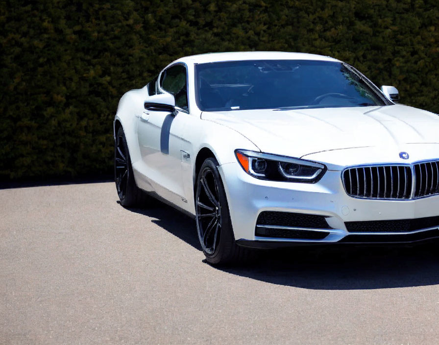 Luxury White Coupe with BMW Kidney Grille Parked on Asphalt